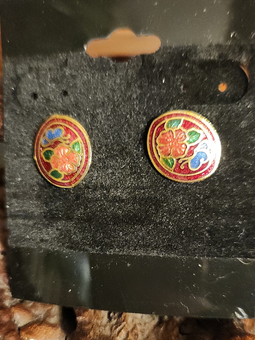 Cloisonne Oval Stud Earrings Vintage Floral Butterfly